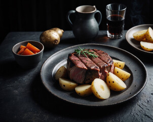 dish with juicy meat and potatoes among other products on a dark background. Generated AI