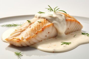 A piece of cooked white fish filet steak with dressing or sour cream bechamel sauce and fresh green dill, close-up.