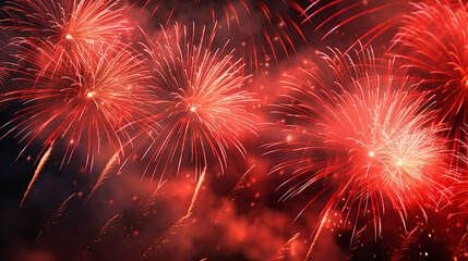 Close-Up of Bold and Fiery Red Fireworks Display, with Crimson and Scarlet Explosions lighting up the New Year's Night Sky