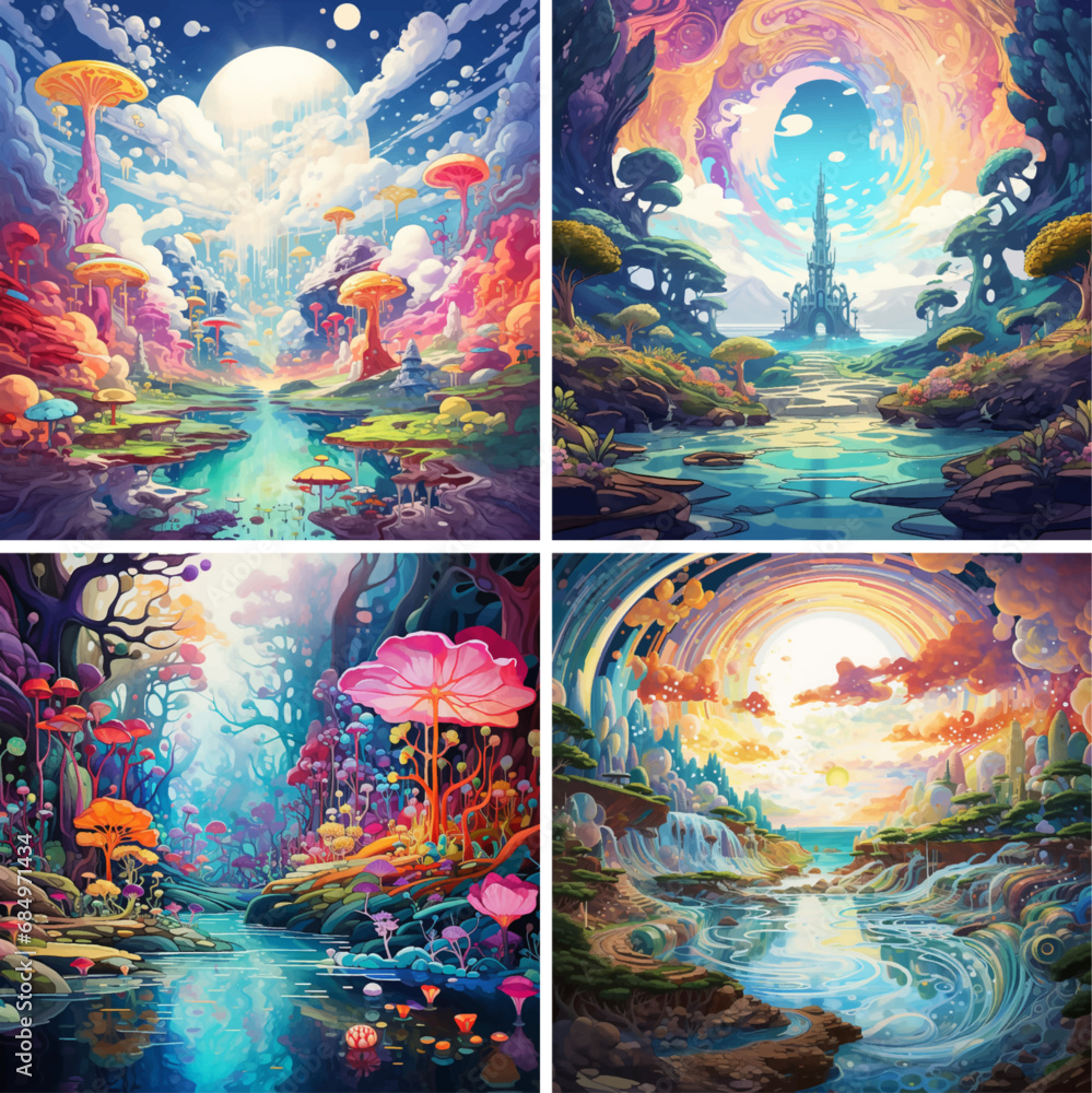 Poster space beautiful landscape light fantasy art bright night sky nature paint background blue plant