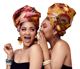 African fashion, beauty secret and friends or women in makeup, cosmetics and jewelry for traditional design. Excited people laugh, wow or whisper for culture isolated on a transparent, png background
