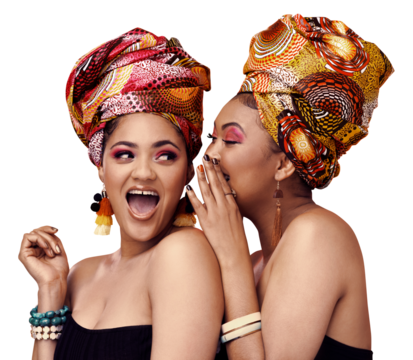 African fashion, beauty secret and friends or women in makeup, cosmetics and jewelry for traditional design. Excited people laugh, wow or whisper for culture isolated on a transparent, png background