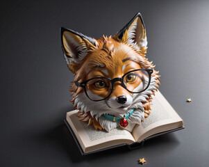 the voluminous head of a fox with glasses peeks out between the pages of a book. Generated AI