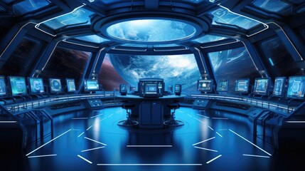 A futuristic high-tech control room in a space station