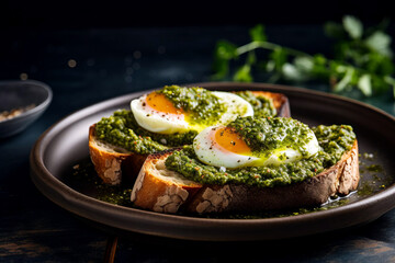 Close-up of healthy toast with pesto and eggs on a gray plate.