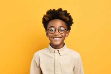 Obraz premium portrait of happy nerdy black boy isolated on yellow background