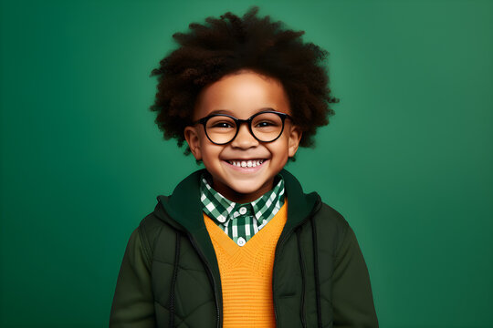 portrait of happy nerdy black boy isolated on green background