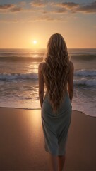 Fototapeta na wymiar back view of woman standing on ocean beach