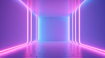 Purple Neon tunnel with colored lights and shiny colors wall in futuristic background