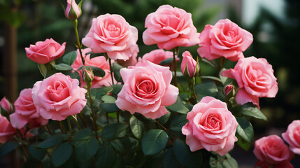Pink roses in full bloom on a garden shrub. a rosebud