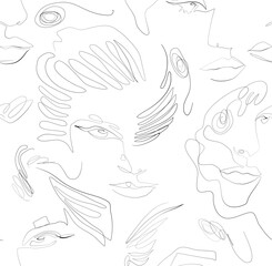 Line art vector abstract woman faces seamless pattern in black and white