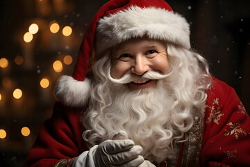 Santa Claus has a fluffy white beard and a clean, smiling face. Revealing itself from the shadows of Christmas night His smile was filled with embarrassment at being caught secretly bringing a gift. - obrazy, fototapety, plakaty