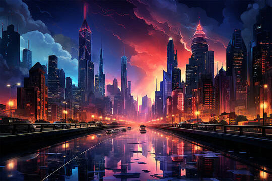 The bustling city center shines with a futuristic sky