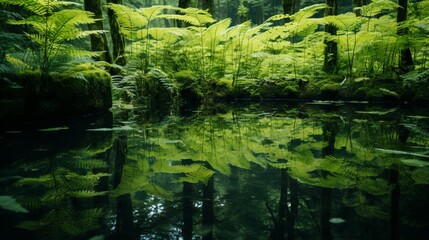 A tranquil pond surrounded by Crown Shyness Ferns (Various species) in full ultra HD 8K resolution, where the water's reflection perfectly mirrors the ferns' intricate leaf patterns.