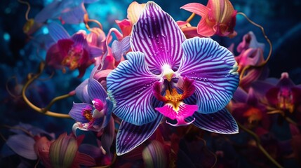 A vibrant orchid in full bloom, showcasing intricate details of its petals and vibrant colors in...