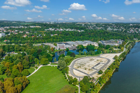Ausblick zur Friedrichsau in Ulm, zum Messegl&auml;nde und zum Festplatz