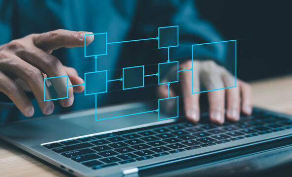 businessman using computer show organigram or diagram algorithm flow to design workflow automation with flowcharts and hierarchy scheme. Business process, model structure digital and data management