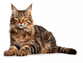 Purebred cat of the Maine Coon breed in full growth. Isolated on a white background.