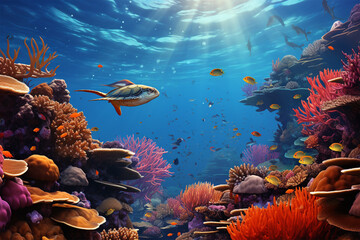 Colorful coral reefs with lots of fish and turtles