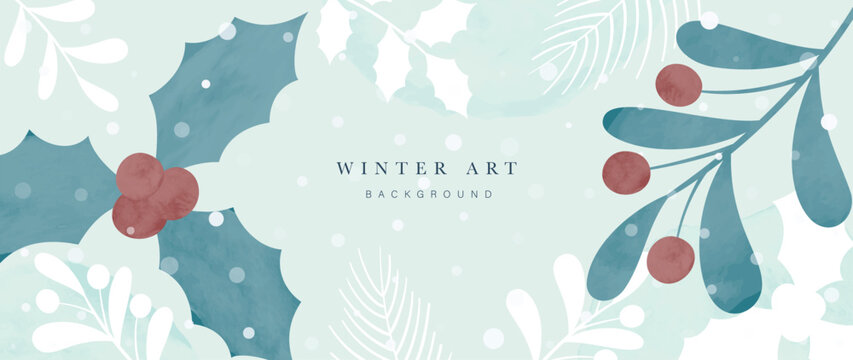 Watercolor winter botanical leaves background vector illustration. Hand drawn winter leaf branches, pine leaves, holly sprig, snowfall. Design for print, banner, poster, wallpaper, decoration.