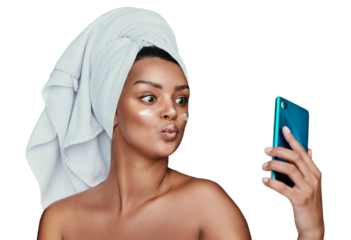 Selfie, beauty and lotion with a woman in a towel isolated on a transparent background for hygiene. Skincare, cream and pout with a young person on PNG for a bathroom photograph as an influencer