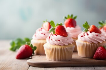 Obraz na płótnie Canvas Vanilla cupcakes with strawberry frosting cottage cheese cream
