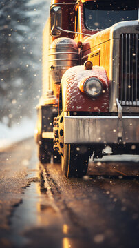 extreme close up of a vintage american truck driving down a highway at snow day