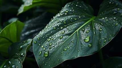 Alocasia Maharani (Alocasia Sarian) leaves with raindrops, shot in