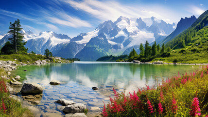 Colorful summer panorama of pure water from the lac blanc lake - obrazy, fototapety, plakaty