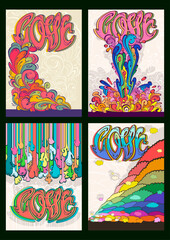 Obraz premium Psychedelic Hippie Style Poster Set, 1960s Dynamic Colors and Shapes, Love Lettering 