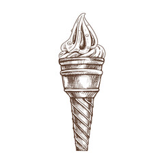 A hand-drawn sketch of a waffle cup with frozen yogurt or soft ice cream with pastry beads. Vintage illustration. Element for the design of labels, packaging and postcards.