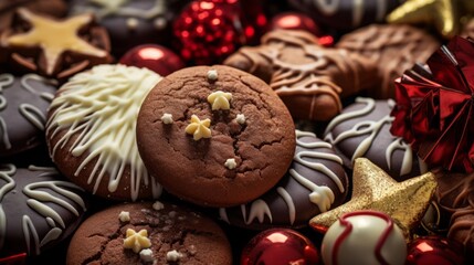 a macro of delicious chocolate and ginger bread christmas cookies with festive edible xmas decoration