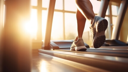 Close-up of man feet on a treadmill running at the gym or at home - Powered by Adobe