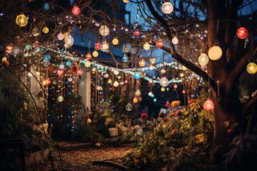 a festive christmas outdoor illumination and decoration of a private residency house. Many colorful fairy led lights creating beautiful fairy tale xmas atmosphere