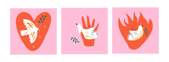 3 postcards with pigeons symbol of peace. International Day Of Peace. Banners with dove, flame, heart. Banner, card with symbol of no war, world peace. Vector illustration. .
