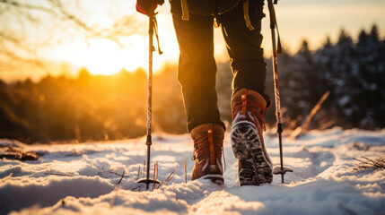 Close-up of shoes of a hiker walking in the snow with hiking sticks during cold winter morning in middle of beautiful nature - Powered by Adobe