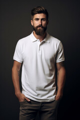 Fototapeta premium Caucasian young handsome man wearing trendy basic blank mockup white polo shirt clothing