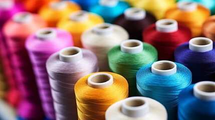 Threads in a tailor textile fabric background with colorful cotton threads of all colors