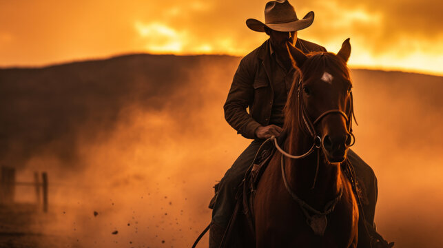 Man riding a horse and wearing a cowboy hat with dusty landscape and sunset colors with copy space