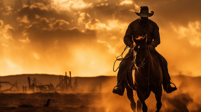 Man riding a horse and wearing a cowboy hat with dusty landscape and sunset colors with copy space