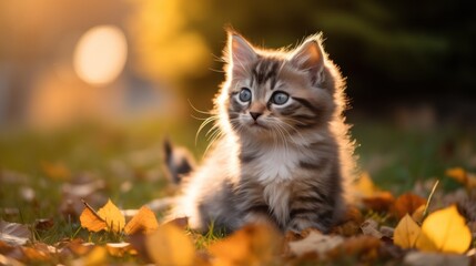 A Cute kitten playing with yellow autumn leaves at sunset. the backyard The background of the photo is a relaxing environment in the backyard.