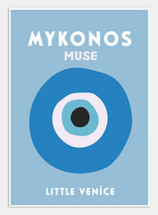 Retro Travel Poster Colorful Wall Home Art, Mykonos Print,