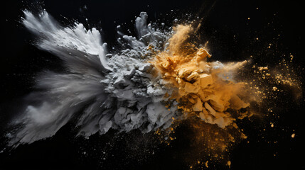 Silver and gold powder explosion on black background