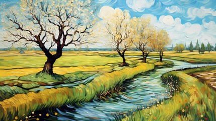 Hand-drawn beautiful Van Gogh-style impressionistic spring landscape illustration
