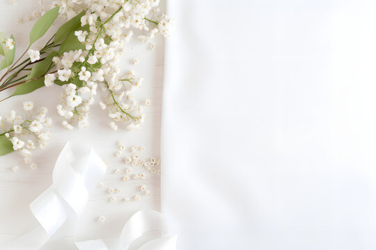 Styled stock photo. Feminine wedding desktop mockup with baby's breath Gypsophila flowers, dry green eucalyptus leaves, satin ribbon and white background. Empty space. Top view. Pictur. generative ai.