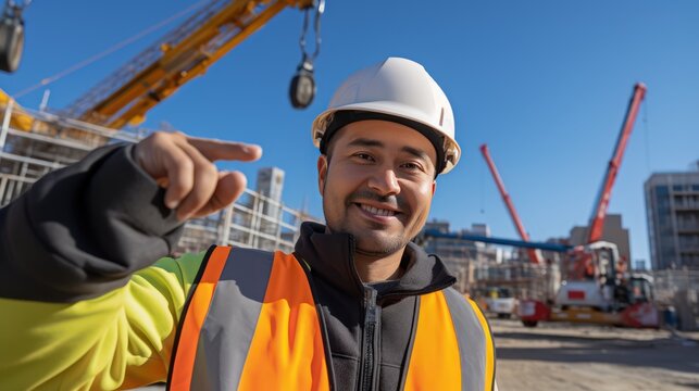 A Civil engineer takes a selfie standing near a construction site with a tower crane in the background.