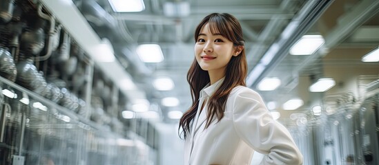 The young adult woman, dressed in a crisp white suit, was beaming with happiness as she stood against a backdrop of a state-of-the-art laboratory, representing the marriage of business and technology - Powered by Adobe