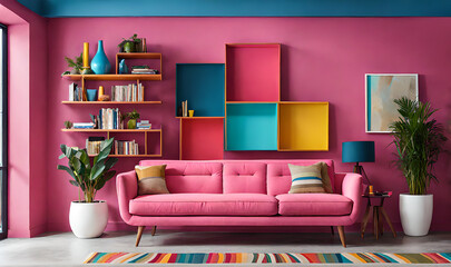 Pink sofa and round pink coffee table against multicolored stucco wall with copy space. Colorful, playful pop art style home interior design of modern living room.