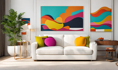 white sofa against white wall with shelf. Colorful vibrant pop art mid-century style home interior design of modern living room.