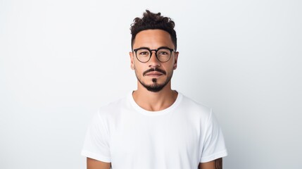 Attractive young Mexican man wearing a white t-shirt and glasses. Isolated on white background.